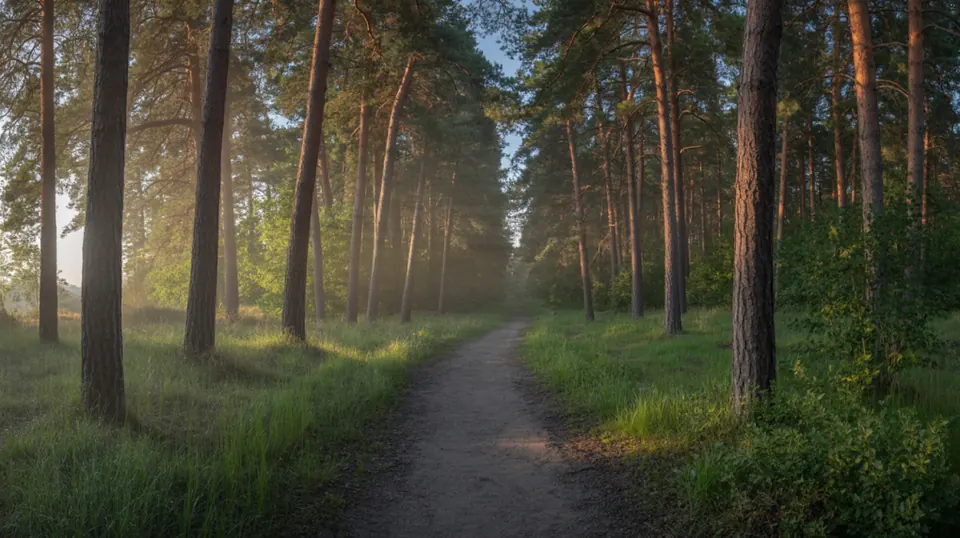 A peaceful forest path at sunrise
