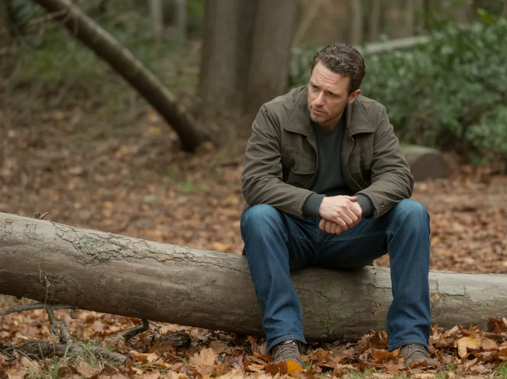 A man sitting alone on a fallen log in the woods, deep in thought